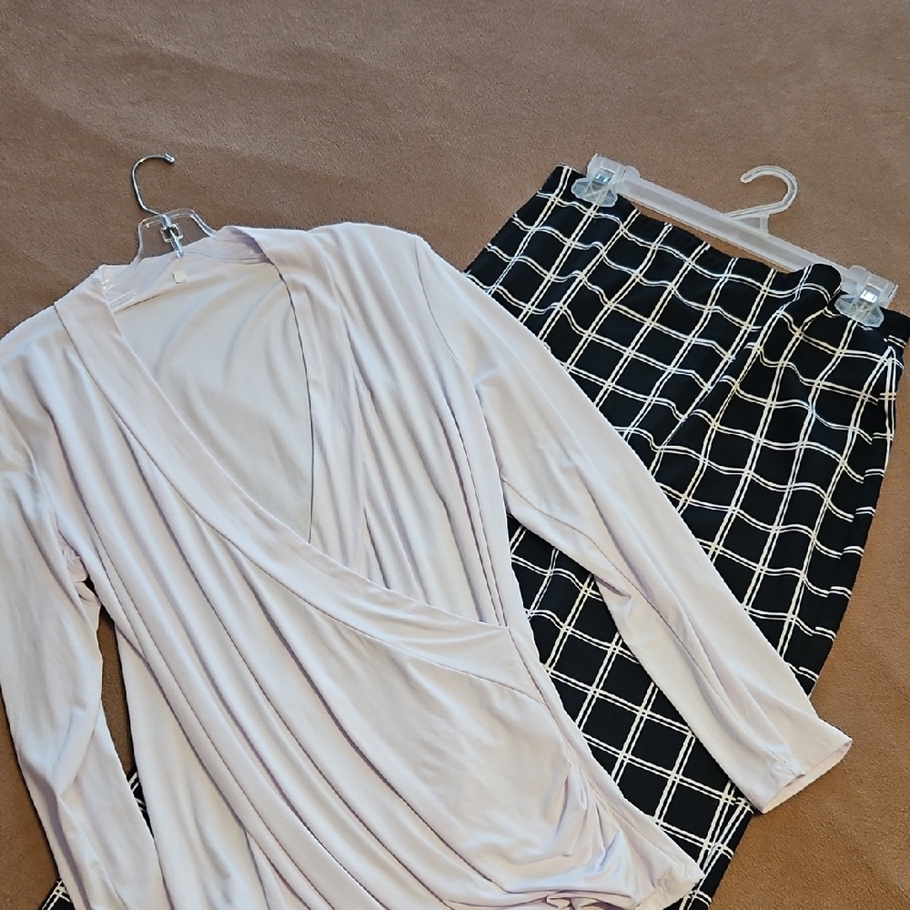 Chic White Blouse and Black Grid Skirt Set